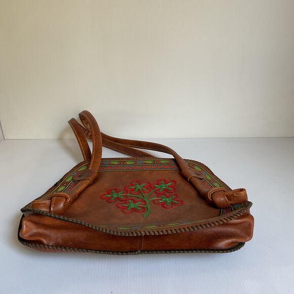Artisanal Mexican Leather Handbag Floral Embroidered & Painted Purse - Picture 7 of 9